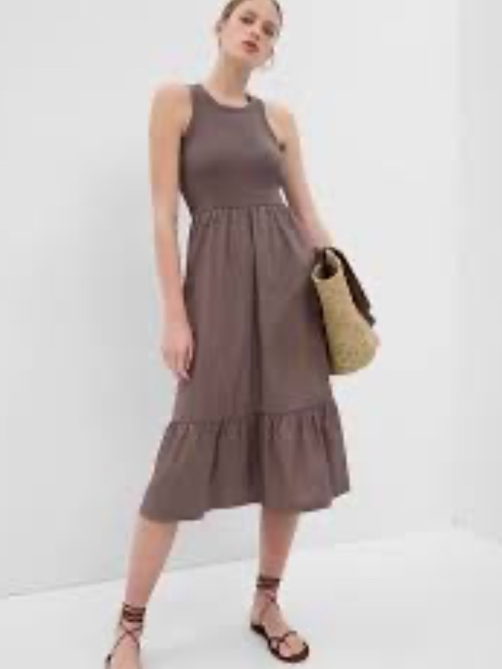 GAP Sleeveless Mixed Media Tiered Midi Cotton Dress in Fig